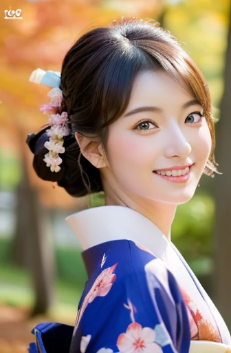 (Light makeup)、(top-quality,masterpiece:1.3,超A high resolution,),(Ultra-detail,Caustics),(Photorealsitic:1.4,RAW shooting,)Ultra-realistic capture,(32k,high detal,high-detail、masterpiece,Attention to detail,full body Esbian,solo,Lori:1.6),Raw photo & realistic atmosphere,beautiful dark blue eyes,Detailed mouth,Glossy lips,Detailed eyebrows,Eyes drawn in detail with soft white skin that shines with every detail)、、 (Skin texture is natural、、The skin looks healthy with an even tone、 Use natural light and color, japanese, A dark-haired, long hair,(depth of fields、realisitic、8K UHD、hight resolution、(1girl in:1.2)、The ultra-detailliert、High quality textures、very detailed CG、High quality shadows, A dark-haired、Kyo-Yuzen、blue Kimono、park background , (Super cute face in idol style:1.4)、slim and beautiful figure、A smile、full body Esbian:1.2, Japanese woman in kimono, 25 years old, autumn , standing under falling leave, big smile, kimono
