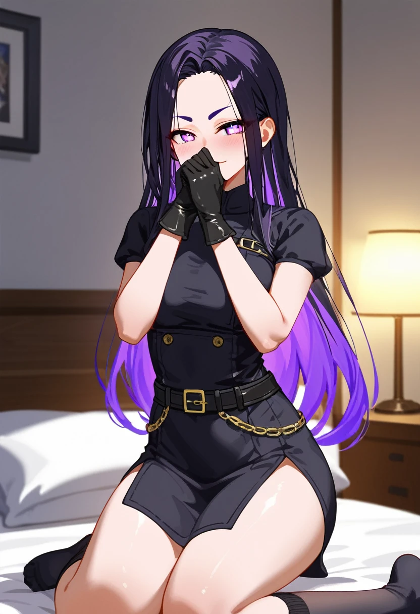 (masterpiece), (high quality), (4K Quality), (detailed drawings), (perfect illustration), (anime style), (absurdres), (newest), (recent), (mid), ((fullbody)), ((no hat:1.3)),

1girl, solo, black hair, smooth long hair, straight hair, hair over forehead, (shiny hair:1.2), Two-tone hair(black and purple), lavender eyes, swirly eyes, purple eyebrows,

smirk, giggle, covering mouth with hand, tease, half-lidded eyes, leaning front, (expressive face), blush,

tight black dress thigh level, perky breasts, thick thighs, belt, black hand gloves, long black socks

dim lights, room, bedroom, (bed), detailed background