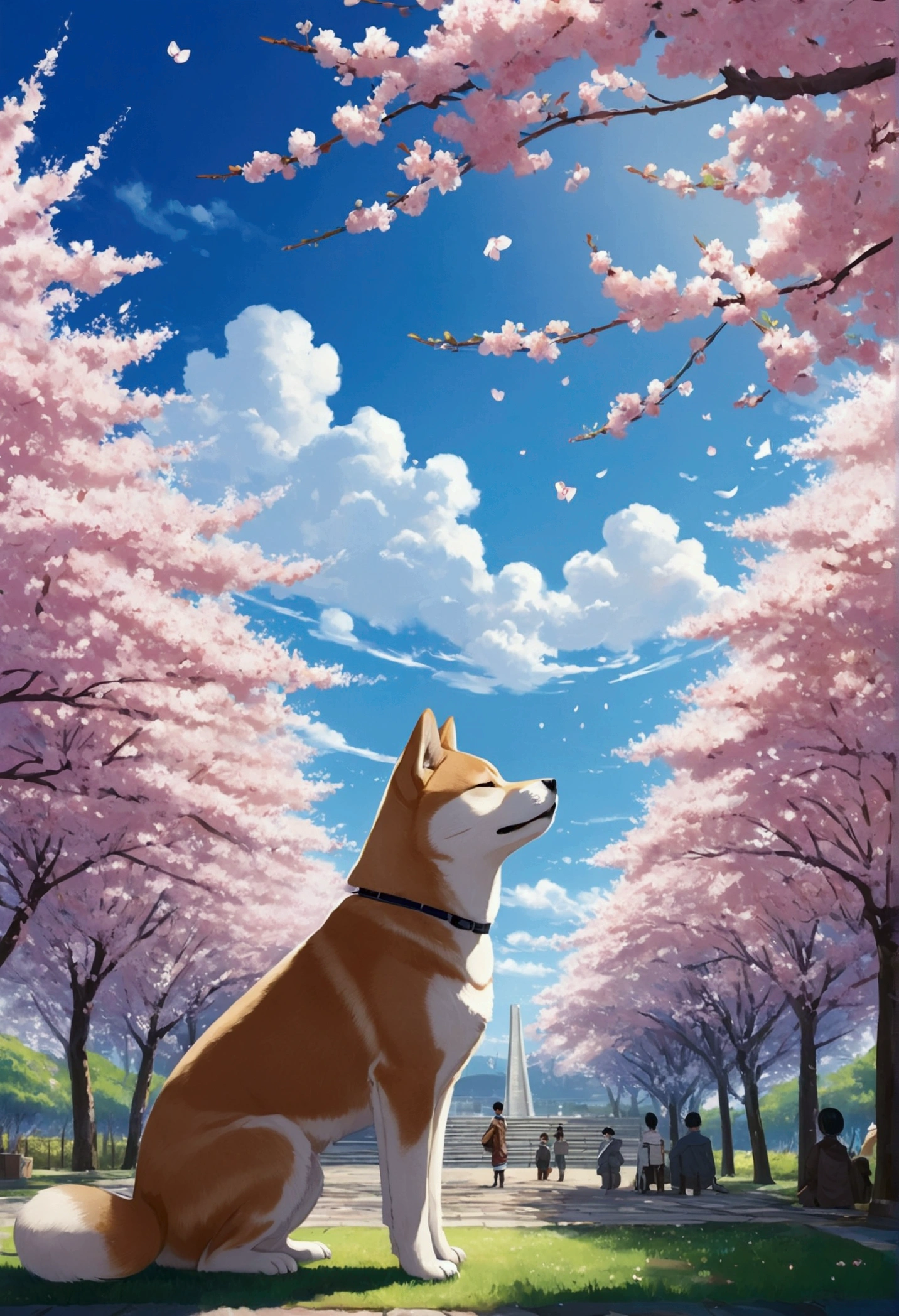 Makoto Shinkai Taste, Beautiful blue sky, Shiba Inu puppy enjoying cherry blossom viewing, ,Wide angle、