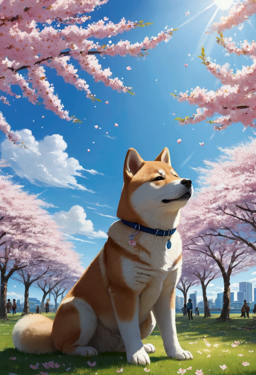 Makoto Shinkai Taste, Beautiful blue sky, Shiba Inu puppy enjoying cherry blossom viewing, ,Wide angle、