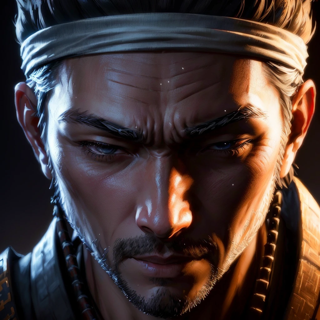 a close up of a man with a headband on his head, akihiko yoshida. unreal engine, 8k portrait render, ghost of tsushima, samurai portrait, yasuke 5 0 0 px models, unreal engine character art, unreal engine 5 highly rendered, portrait of a samurai, created in unreal engine 5, rendered in unreal engine 5