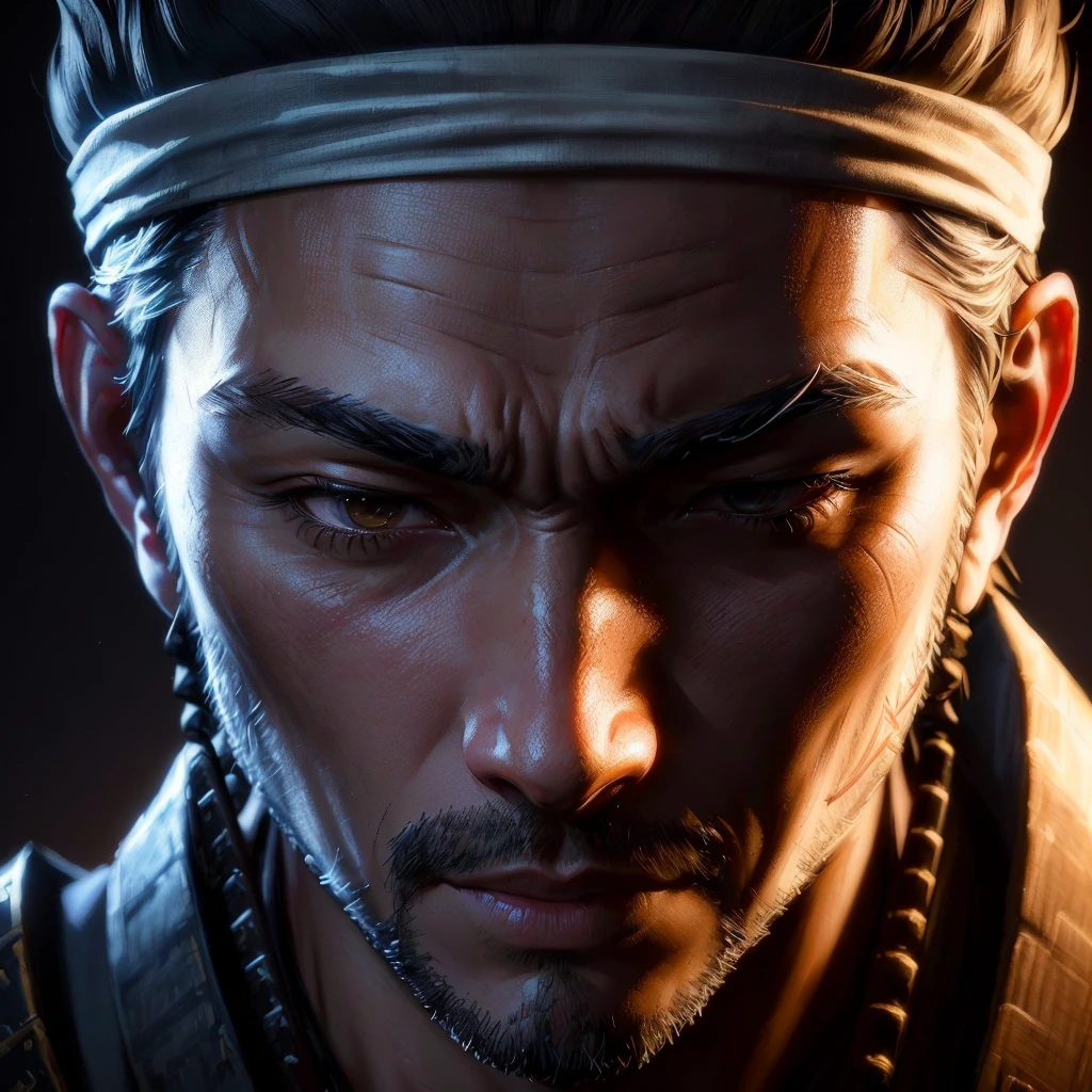 a close up of a man with a headband on his head, akihiko yoshida. unreal engine, 8k portrait render, ghost of tsushima, samurai portrait, yasuke 5 0 0 px models, unreal engine character art, unreal engine 5 highly rendered, portrait of a samurai, created in unreal engine 5, rendered in unreal engine 5