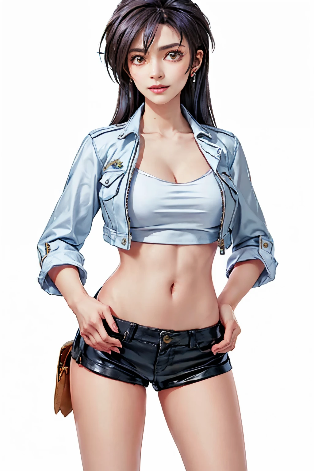 masterpiece, best quality, long hair, standing girl, full body, Simple White Background, mio serizawa, tied shirt, leather jacket, midriff, navel, micro shorts, leather shoes, glamour, beauty face, earrings, knuckles, long legs