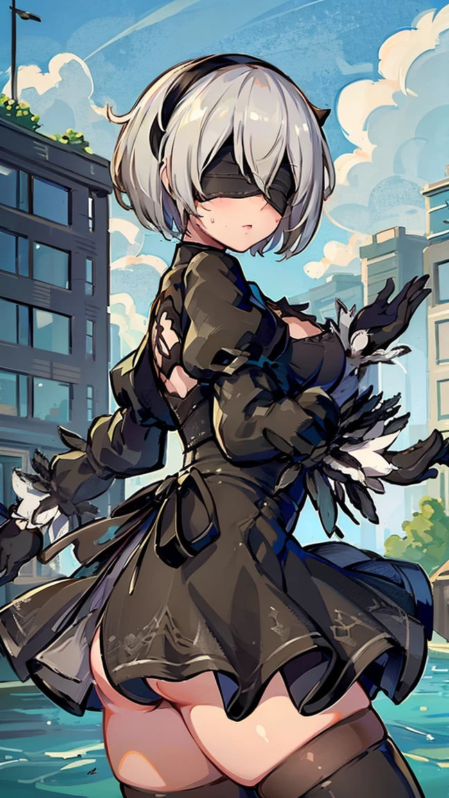 (Highest quality, 8K, masterpiece :1.3),2b,nier:Automata,Ass, One woman,,3,Gray Hair,nsfw,Alluring expression,Sexy pose,Blindfold,Plump body