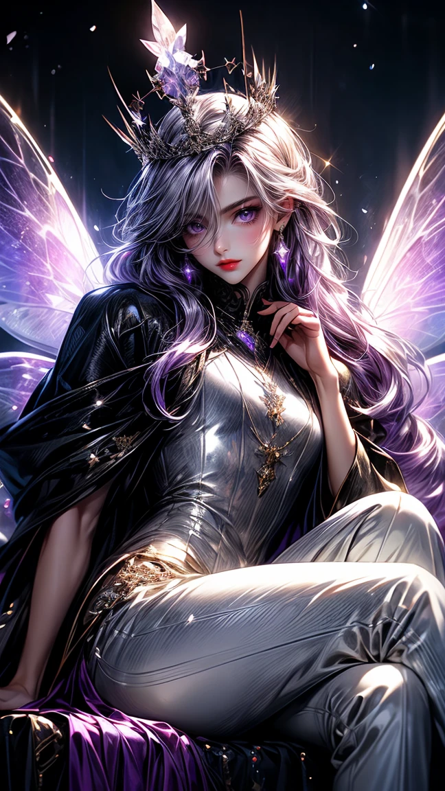 Masterpiece, best quality, high resolution, highly detailed, male, 1 man ( early twenties ), pretty looking face, purple long flowing hair, Purple colored eyes ( eyes that glow ), serious expression ( cold look ), pale white skin, the has large transparent fairy like wings on his back ( pay attention to the fairy wings and purple hair ), wearing a black hoodie, and white pants, black watch, surrounded by the splendors of the earth, wearing a crown made of silver and sitting on a silver throne, pay attention to stunning details, and achieve a resolution of 128k, floating in a dynamic pose, high quality, with a majestic aura of authority.