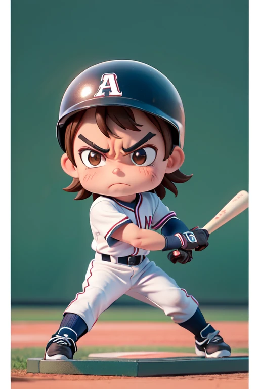 １male, alone, Ultra-high resolution,chibi, Frowning, Narrow eyes, Brown Hair, Brow wrinkles, muscle, Dynamic, baseball player, (野court), uniform, bat, Gloves, Helmet, baseball belt, During the game, Batter Box, Stance, court, audience, illumination, Tension, A look of determination, Powerful