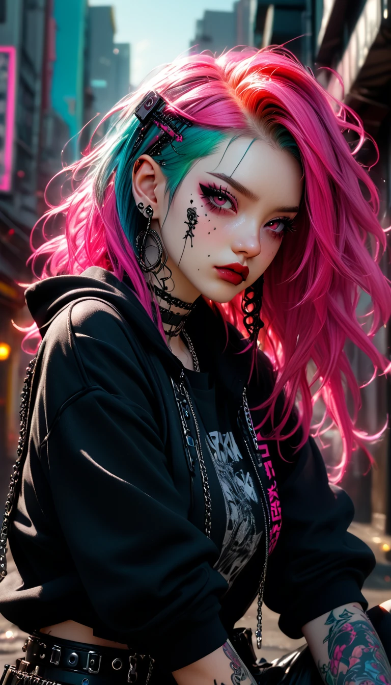 (Perfect Masterpiece, Highly Detailed CG UNITY 32K UHD Quality Resolution Wallpaper, Photorealistic, RAW Photo, Perfect Photogenic Clarity, Official Art, Award Winning Portrait, Super Super Realistic, Super Super Detailed , shiny realistic skin, ray tracing, glowing ambient light), the most beautiful and sexy gothic punk girl, anime girl, Hatsune Miku (gothic hairstyle colorful hair: 1.3), bright moonlight eyes, long Detailed eyelashes, blush, pouty pink lips, beautiful eyes, (Detailed Gothic Makeup: 1.3) (Sexy Style), (Highly Detailed Harajuku-style Gothic Punk with lots of straps, zippers, buckles and chains hoodie and skirt: 1.3) Lots of tattoos and piercings, looking back towards the viewer, sitting with her back arched in a sexy and seductive slutty pose, close-up top POV camera view, blown by the wind Cherry blossoms, gothic cyberpunk city background