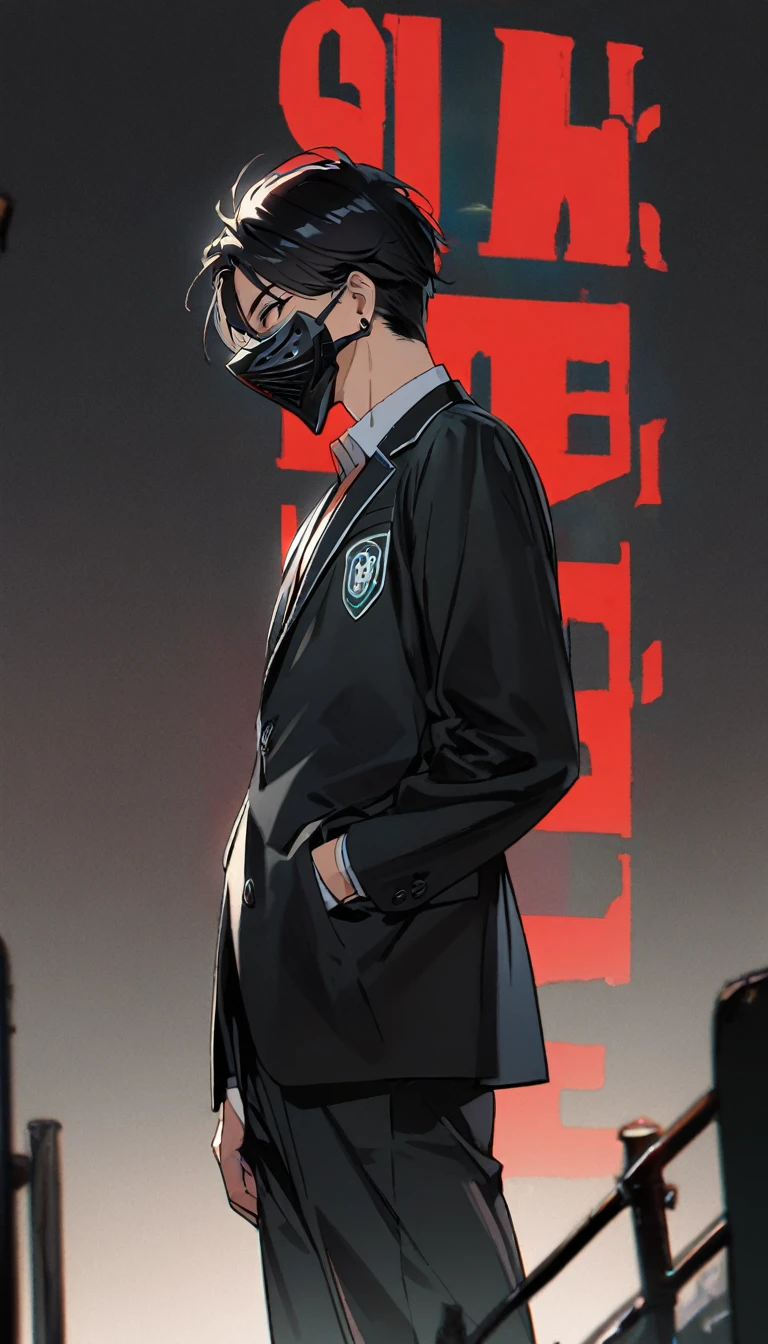 1boy, he is wearing a highly detailed black high tech mask,long earrings,black hair covering both his eyes,open white school blazer with logo ,,standing,hands in pocket, calm,closeup,side profile ,bright school background,carrying a katana,