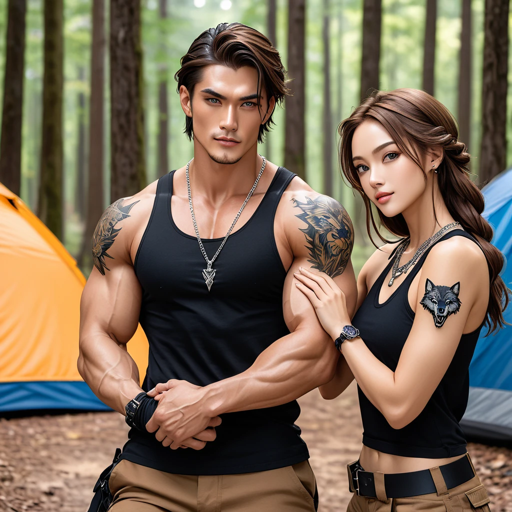 The only man is handsome, with short brown hair, chiseled jaw line, and silver eyes. He have Tall, Muscular build, with a tattoo of a wolf on his right bicep, he wear silver chain necklace.The first female have long, flowing black hair, light brown skin tone, and hazel brown eyes, with slim build, she wear silver jewellery. The second female is tall and slender, with long brown hair that she often wears in a braid, piercing blue eyes, has a small scar above her left eyebrow. The three of them are camping in the wood, with a smile on their face, the man wrapping his hands around his two female friends shoulder. They wear matching black sleeveless undershirt, black fingerless gloves, rich brown cargo pants, and black leather boots.