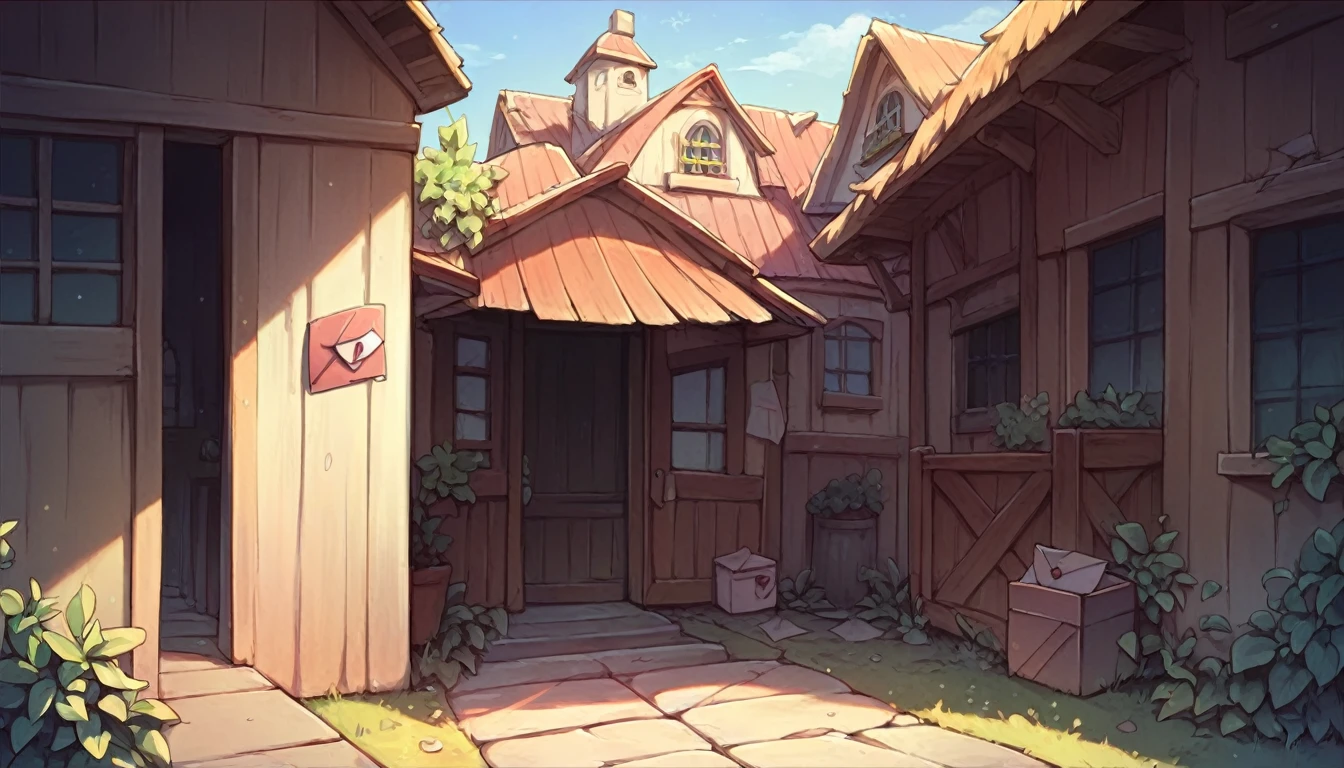 (best-quality:0.8), (best-quality:0.8), (((no humans))), broken introspective perfect anime illustration, front view, a house with a small letter box in front