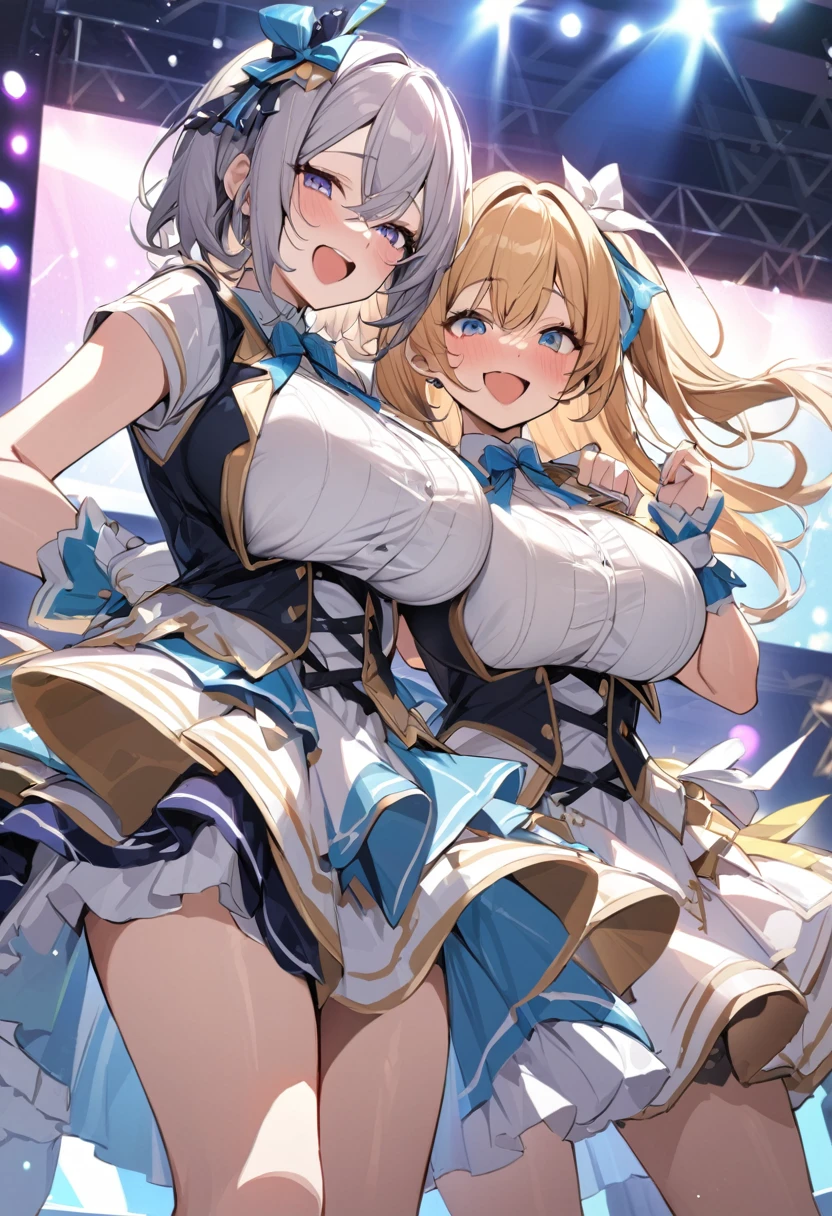 masterpiece, Highest quality, Beautiful face and eyes in every detail, Two Girls, Cute idol, Cool Idol, Event Stage, Cool idol costumes, sing, Laughter,Large Breasts(Huge breasts:1.8)