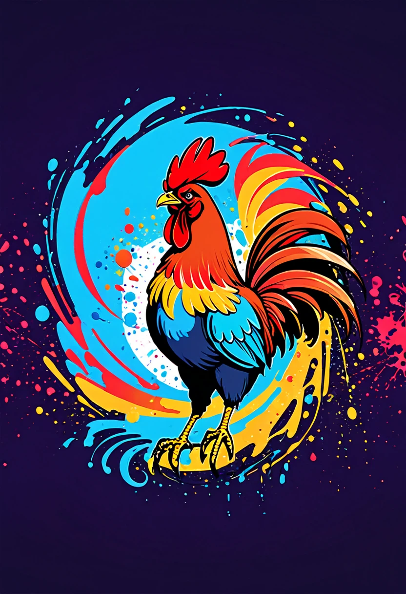 T-shirt designs, with vector art, Colorful illustration with barcelos rooster, At the center, swirly vibrant colors,graffiti art,ink spatter,UHD quality, details in 16k, Wild and unbridled,paint splash painting,rich and colorful,visual impact,modern aesthetic,Elegant and simple, t-shirt designs, hawaii island background