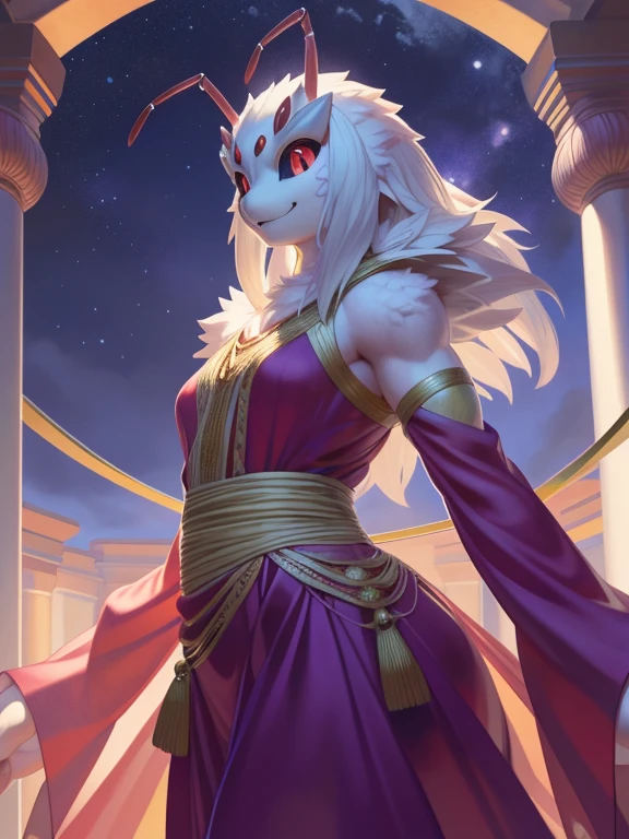 solo, anthro, furry, furry female, spider,((chitin,insectoid, smooth chitin, opaque carapace)), (white spider), black pupils, white sclera, white body, white chitin, red eye, tail, detailed  fur, detailed face, detailed eyes, bare chest, (dolman sleeves dress), temple, (by null-ghost,by raccoon21, masterpiece, high quality, hi-res, 8k, hd, half-light), standing,close-view portrait, looking at viewer, night, gleeful expression, smiling, dynamic pose, Female spider, white chitin, red eyes, four eyes, multiple eyes, dolman sleeves dress, four arms, small breasts, weaving