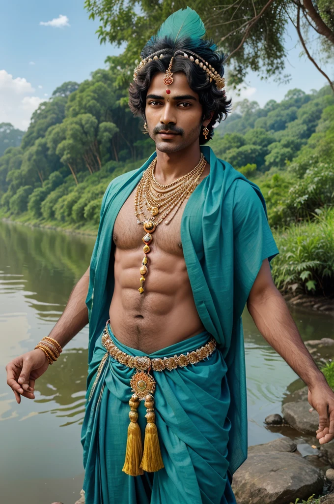 Prompt : A detailed portrait of Hindu God Krishna in the style of Raja Ravi Varma, depicting him with a calm and playful expression, blue skin, and wearing a peacock feather crown. Krishna is adorned with traditional jewelry and garments, holding a flute in one hand. He is standing amidst a lush, green landscape with the Yamuna River flowing in the background.