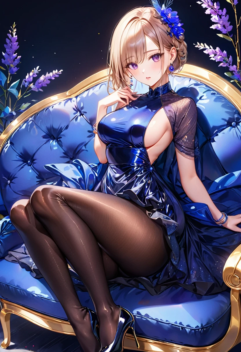 One young and beautiful woman,(Highest quality,Extremely detailed depiction,Incredibly absurd high resolution,Anatomically accurate depiction,A face with attention to detail, Eye for detail,Perfect body),Two curvaceous legs),(Glowing Skin,Shiny skin),Flower and willow woman,Gorgeous navy blue party dress,Shiny black pantyhose,eyelash,eye shadow,eyeliner,mascara,Luxury accessories,Earrings,Bracelet,Black high heels,Purple Eyes,(Looking down at me with a narrowed eye:1.3),(Condescending expression:1.3),Lift your chin,Glossy Lips,Sweat,whole body,sitting on a plush sofa with one's knees raised,resting one's arms on the back of the sofa,From below:1.3