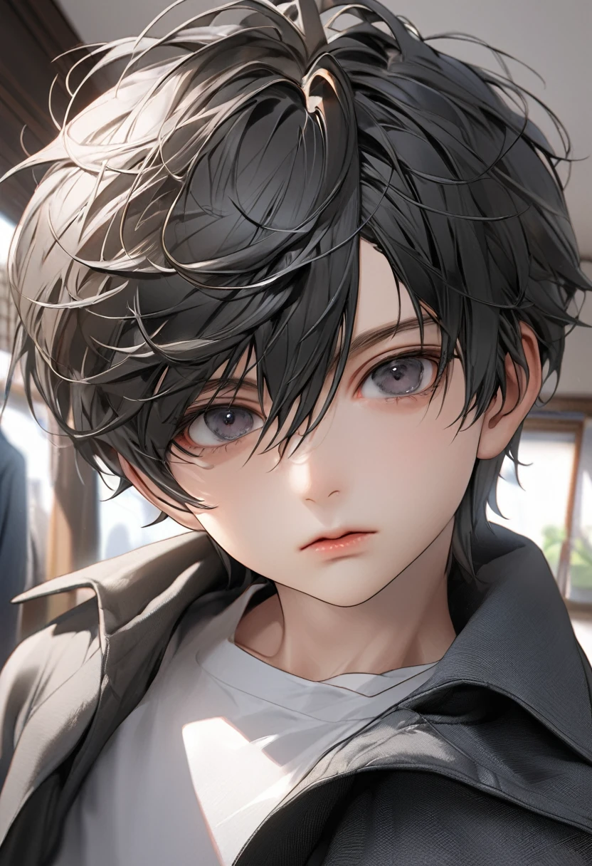 A kid, boy, handsome, black hair, short hair, mullet, black eyes, upturned eyes, expressionless, black jacket, anime, first-person view, masterpiece, anatomically correct, high details, highres, best quality, super detail