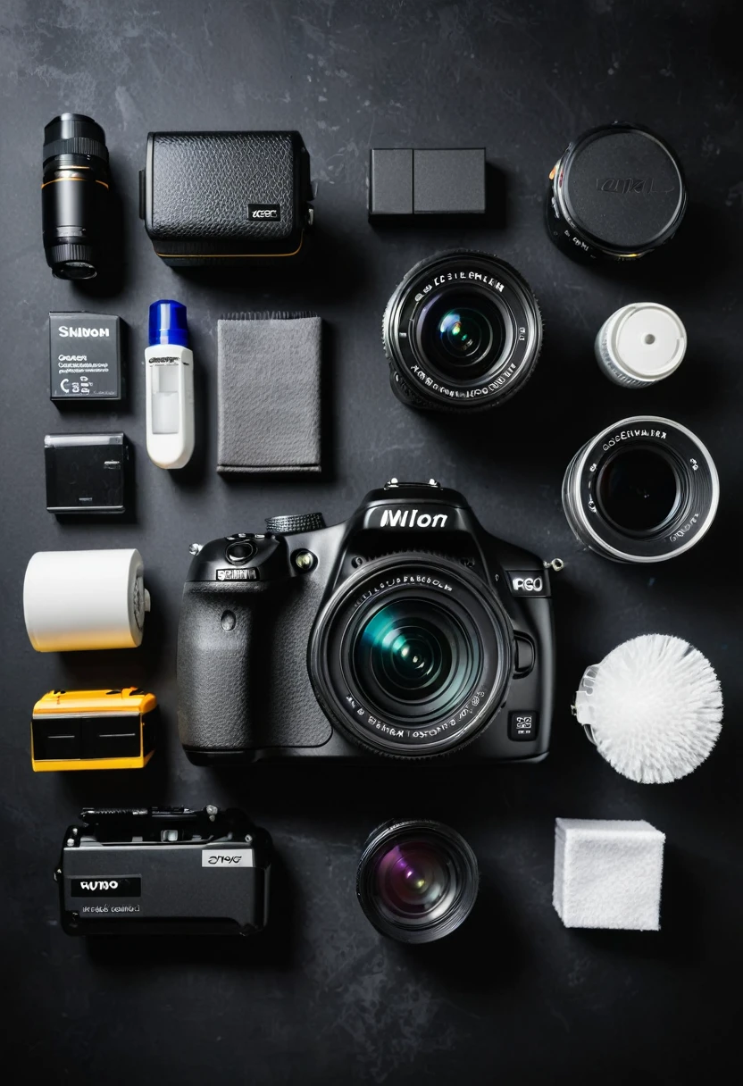 top view of digital camera, flash, cleaning kit, and camera accessory on black table background