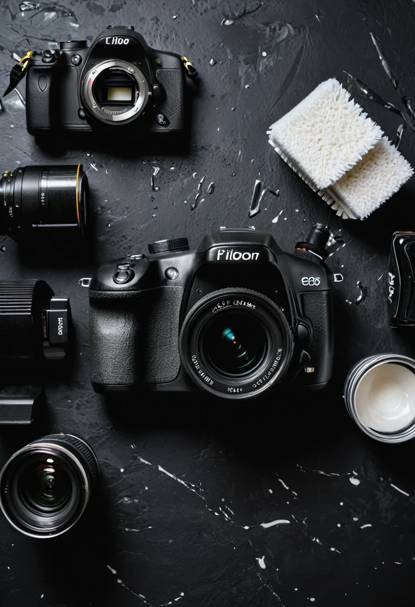 top view of digital camera, flash, cleaning kit, and camera accessory on black table background