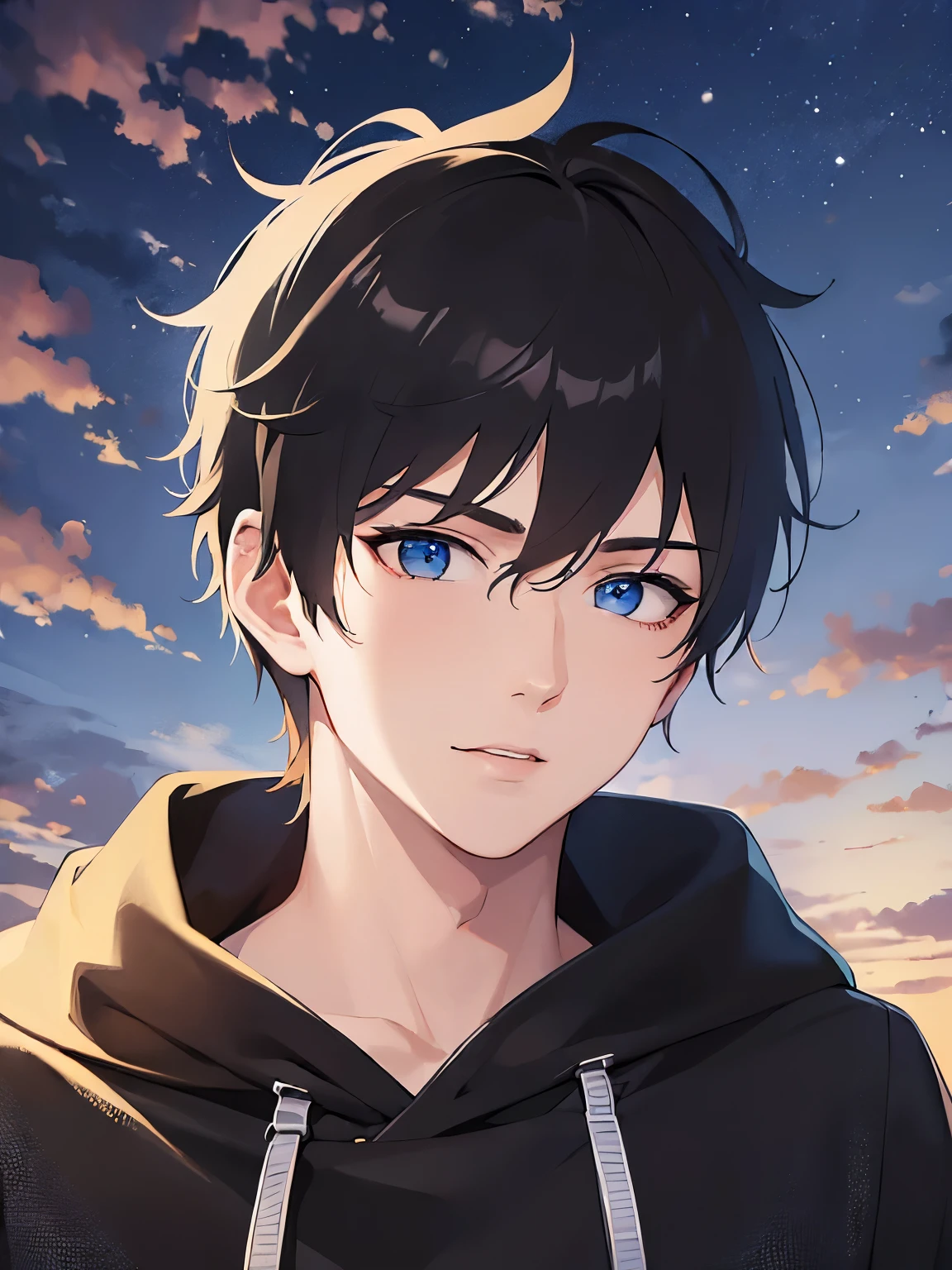 (25-year-old male:1.5) and (Black short hair) and (blue eyes)、(looking away:1.5),upper body、Side shot、
shiny skin, masterpiece、Highest quality、
black hoodie ,running、
wood、Night Sky、grass