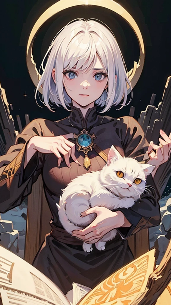 Drawing of a white-haired naked woman sitting on a rock., feature, feature from the witch, Clear and crisp RPG visuals, feature holding a cat, mother of witchs, beautiful character drawings, witch)), Video game character art, Portrait of Thancred, Amazing character art, Artwork in the style of gouache, Beautiful villain