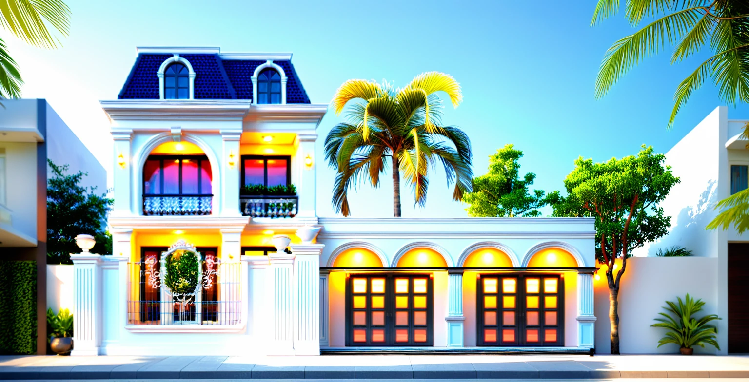 neo classical villa on street, (daylight), tropical tree, vivid colour, streetcapes, white tone, nice detail, white wall, large glass door, warm interior lighting, best quality, masterpiece, ultra realistic