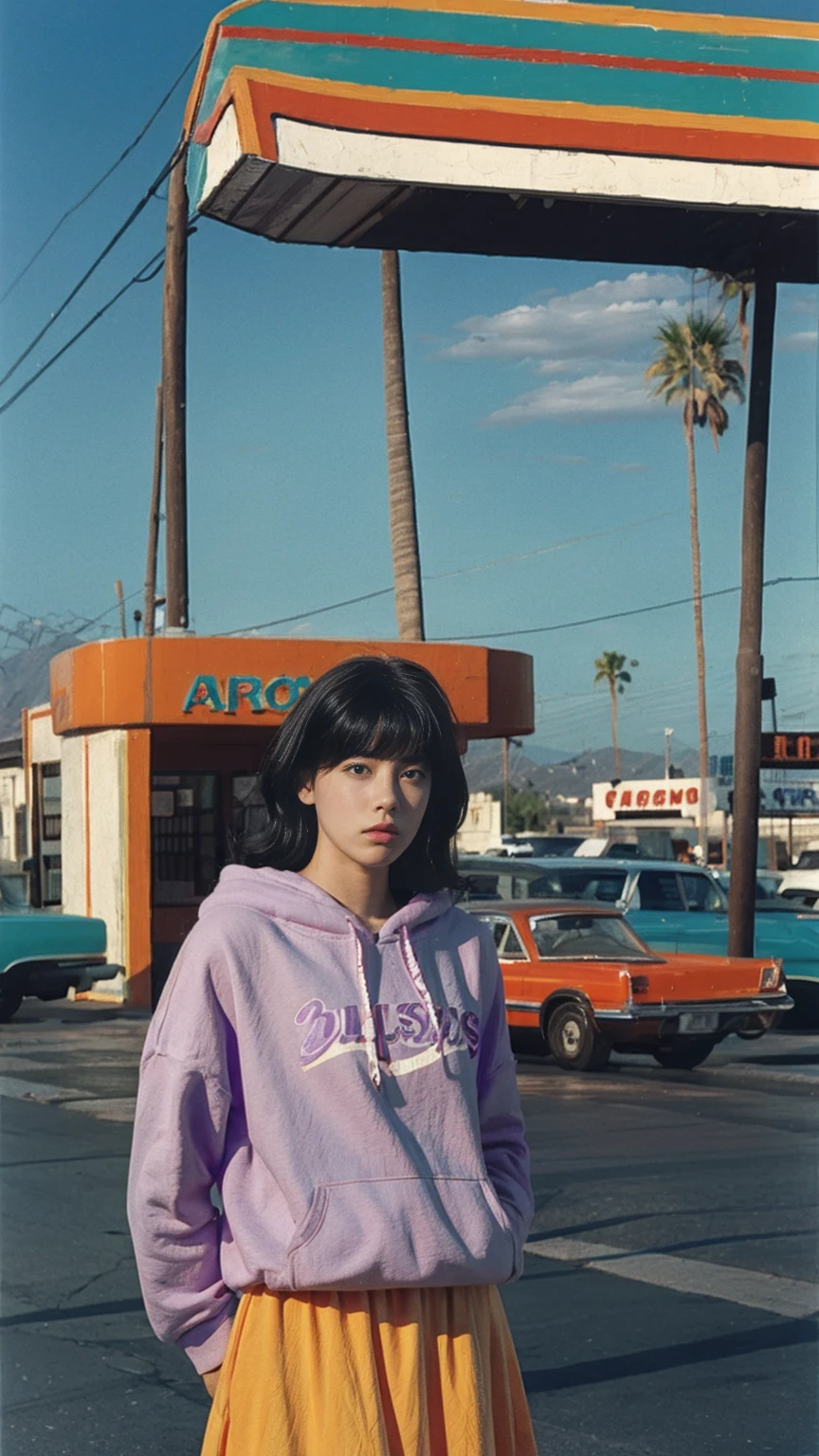 (medium long shot portrait) of cute 23 yo girl ,wear ((orange color oversized_hoodie)), wear ((purple tennis skirt)),looking front,Best Quality,Masterpiece,Ultra High Resolution,(Realisticity:1.4),Original Photo, 1Girl, light leak,ultra high resolution,UHD,beautiful, (black straight hair), almond eye, no makeup, in front of ((80's los angles colorful gas station)), (realistic:1.2), (surreal:1.3), (very detailed:1.1), ((masterpiece)),summer, blue sky, palm trees,sunny, los angles vibes,film camera, 800mm lens,style of Philip Lorca diCorcia