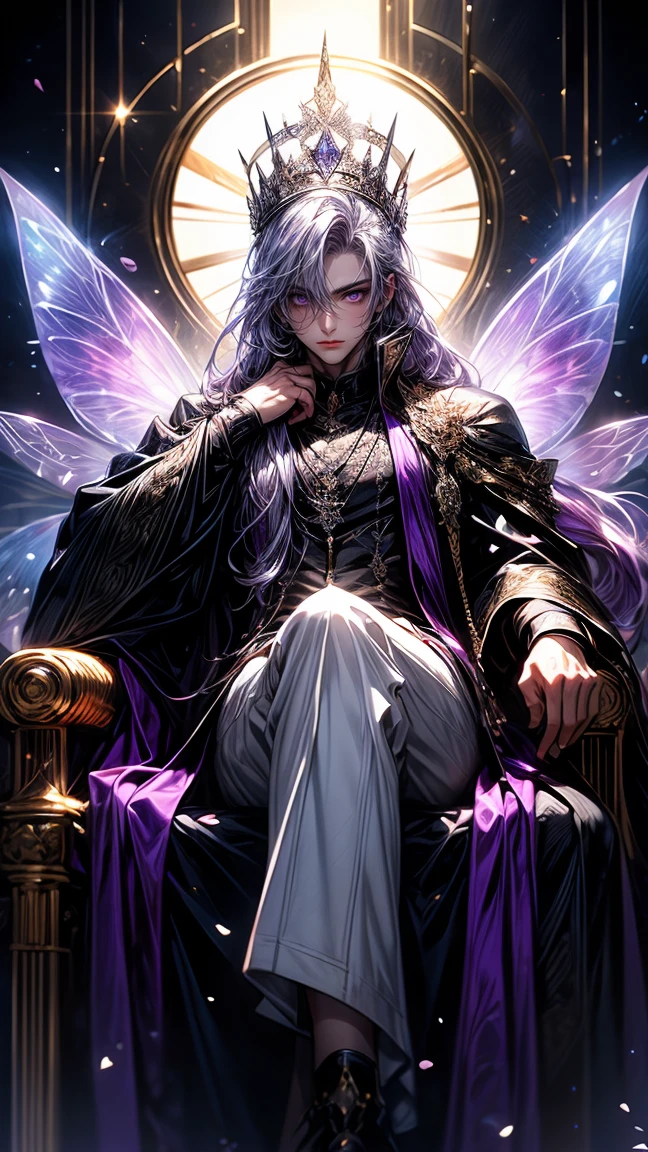 Masterpiece, best quality, high resolution, highly detailed, male, 1 man ( early twenties ), pretty looking face, purple long flowing hair, Purple colored eyes ( eyes that glow ), serious expression ( cold look ), pale white skin, the has large transparent fairy like wings on his back ( pay attention to the fairy wings and purple hair ), wearing a black hoodie, and white pants, black watch, surrounded by the splendors of the earth, wearing a crown made of silver and sitting on a silver throne, pay attention to stunning details, and achieve a resolution of 128k, floating in a dynamic pose, high quality, with a majestic aura of authority.