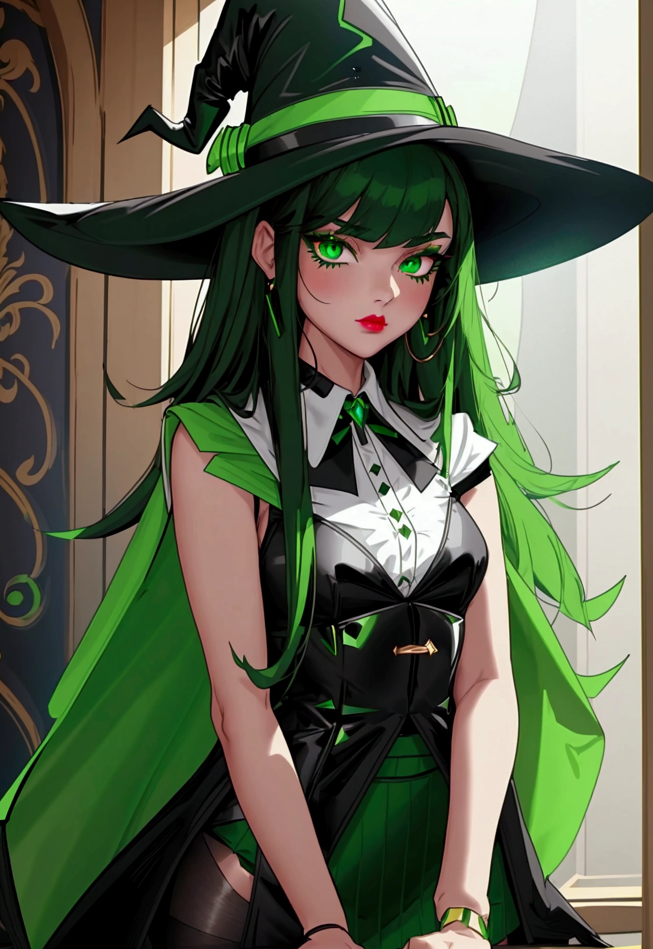 Witch , cute young face, emerald green eyes, long black hair with straight bangs, voluptuous ass, dark lipstick, outfit(black high-waisted a-line mini skirt with emerald green line running across just above hem of skirt; cropped black little cape with green line across hem of cape; black witch hat with green line on brim of hat; black stockings with green line; white tucked in buttoned blouse; black Maryjane high heels) haughty expression with hands on hips