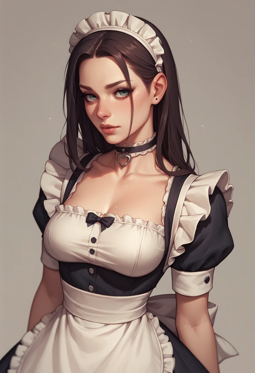 choker, Maid's Headdress, Black kimono, Wide sleeves, Frills, heart, White apron, Sleeves are longer than the wrist, skirt, red skirt, Brown footwear, Cross-laced shoes、Huge breasts、Cleavage、White micro bikini、blush、Sweat、In the heat、Upper Body、Staring at the penis with a shocked expression、A huge penis covers my eyes、Touching the penis with your hand