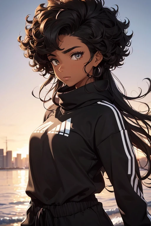(Full-length portrait: 1.5), 16-year-old boy, with an average height of 1.80 cm, facial features of mixed origin, such as an aquiline nose and full lips, inherited from his African ancestry, and more refined features on the side white of his heritage. Her hair is an explosion of frizzy Afro-style curls, reaching almost to her shoulders, and is a deep black color, highlighted by the brown tones of her eyes. To make the look more youthful and lively, give it a caricatural look, with exaggerated and expressive features, such as bouncy eyebrows and large, bright eyes. He adds a very stylish adidas sweatshirt,Average physical height of a 16-year-old teenager,(Skin Color: Black:1.5)