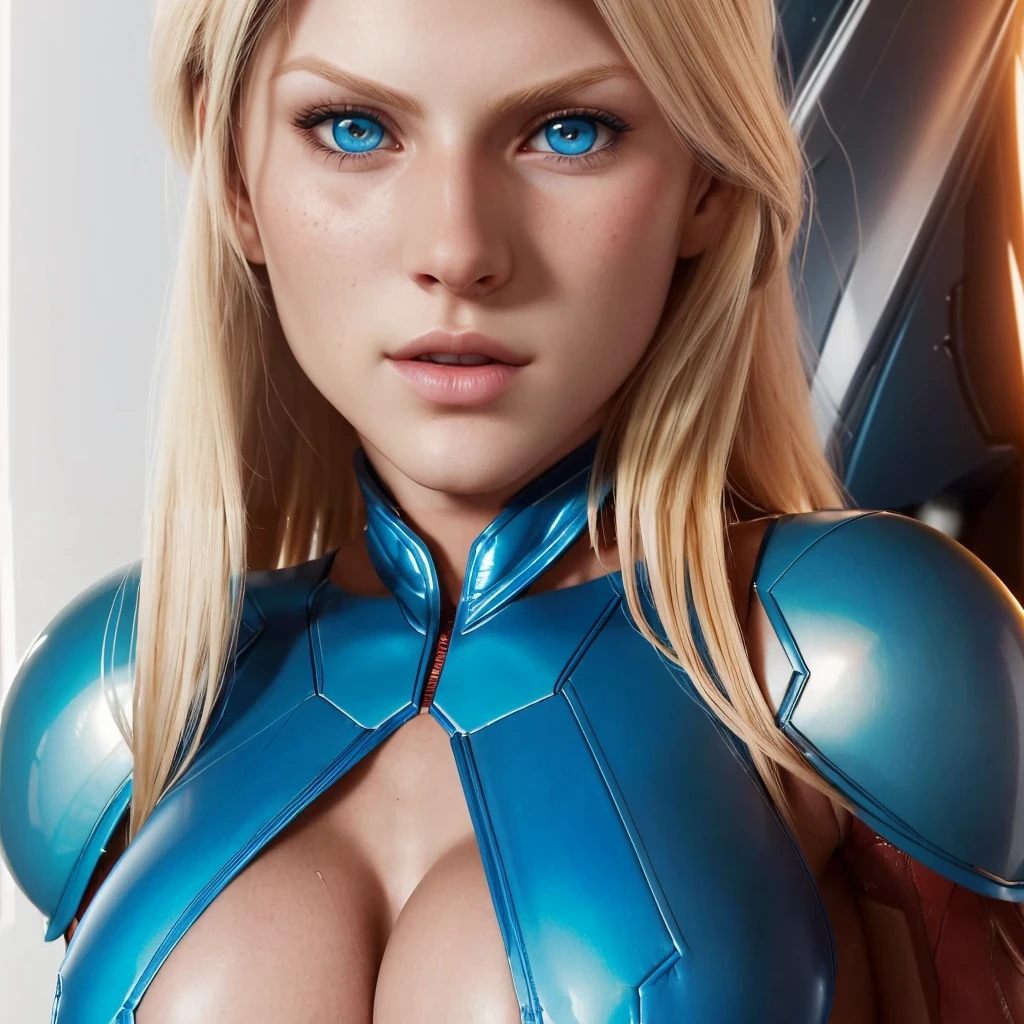 Samus Arann, (((sharp beautiful face flawless facial features))) bright blue eyes and long blonde hair she is sexy and smart.