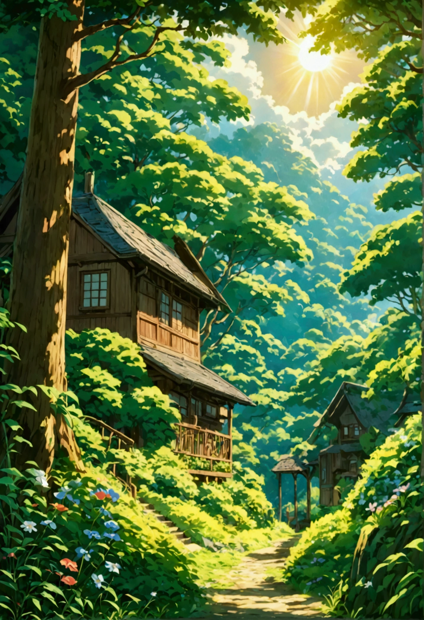 Summer Morning、The sun shines、in the forest、Pension House、Rich in nature、((Ghibli anime)）, Fantasy, wonderful,