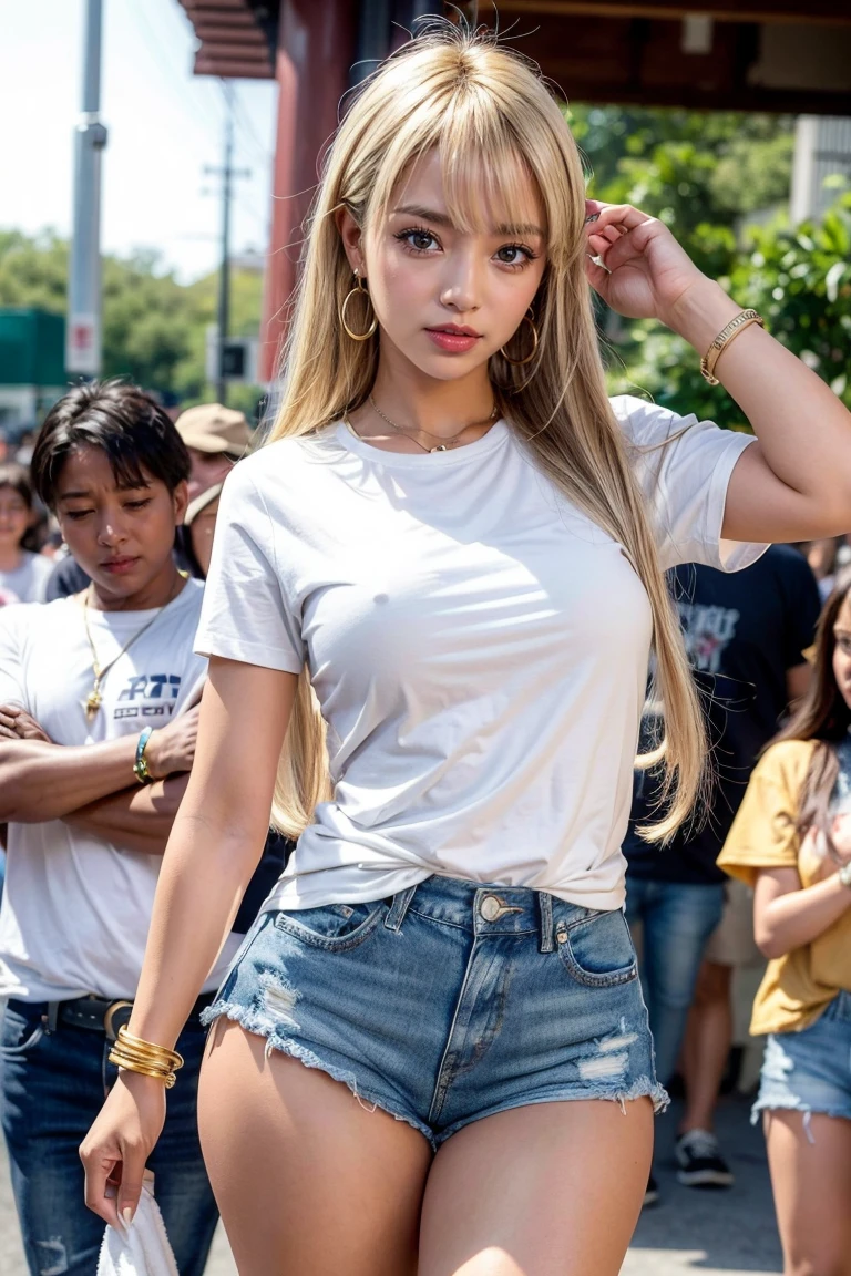 (dark skin:1.1), (Blonde straight hair:1.4), (Heavy eye makeup:1.4), (short sleeve White shirt:1.4), (Denim shorts:1.4), (A lot of jewelry, Bangles:1.1), Earrings, thigh focus, (Armpit showing pose), metropolis, Tokyo, In town, (In the crowd:1.3), (detailed face), Detailed and realistic skin, (grin:1), Very fine and delicate eyes, (One girl), young woman, , Clean and shiny lips,Beautiful hip line, (Shiny thighs:1.2), Large Breasts, ultra detailed, Best Quality, Masterpiece, 8K, realistic