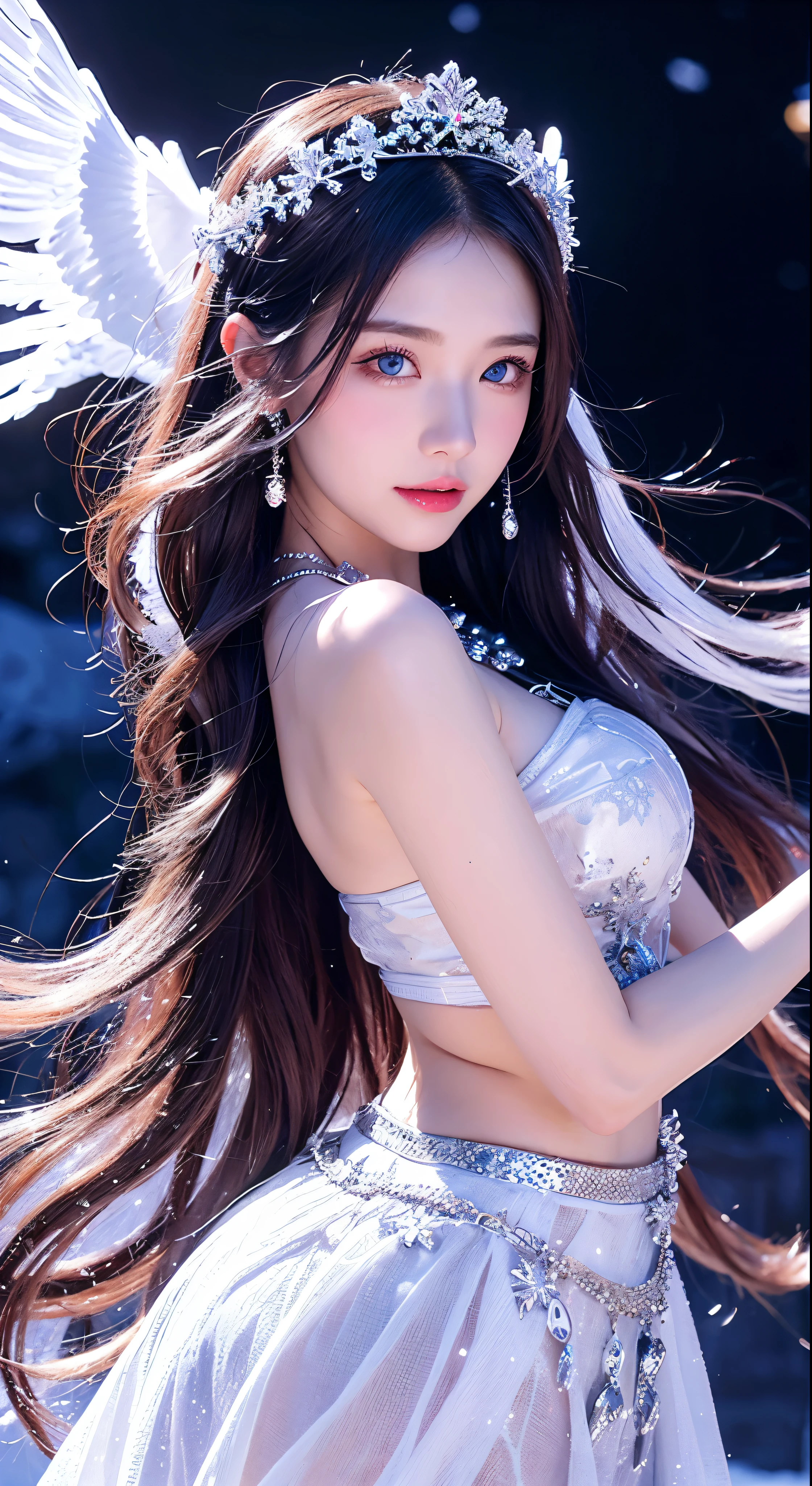 Best texture, high quality, ultra HD, 8K, full body photo, panoramic picture, snow, flying snowflakes, dancing in the snow, girl, full of Miao silver jewelry, Miao clothing, silver phoenix crown, melon seed face, ultra-detailed face, blue eyes, long eyebrows, fair skin, silver long hair, flowing long hair, rising with the wind, snowflake colorful gifts, realistic, very detailed, high detail, ultra-clear,
