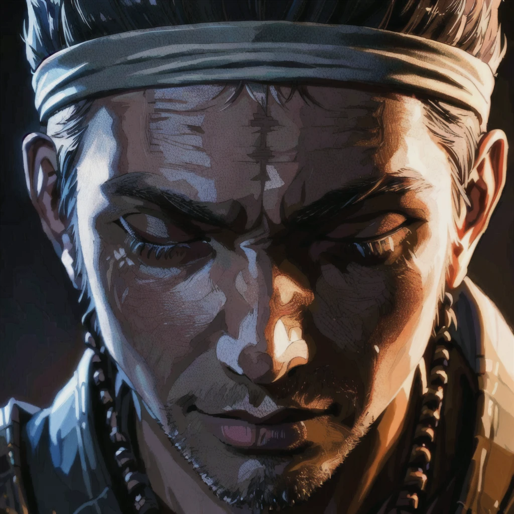 a close up of a man with a headband on his head, akihiko yoshida. unreal engine, 8k portrait render, ghost of tsushima, samurai portrait, yasuke 5 0 0 px models, unreal engine character art, unreal engine 5 highly rendered, portrait of a samurai, created in unreal engine 5, rendered in unreal engine 5