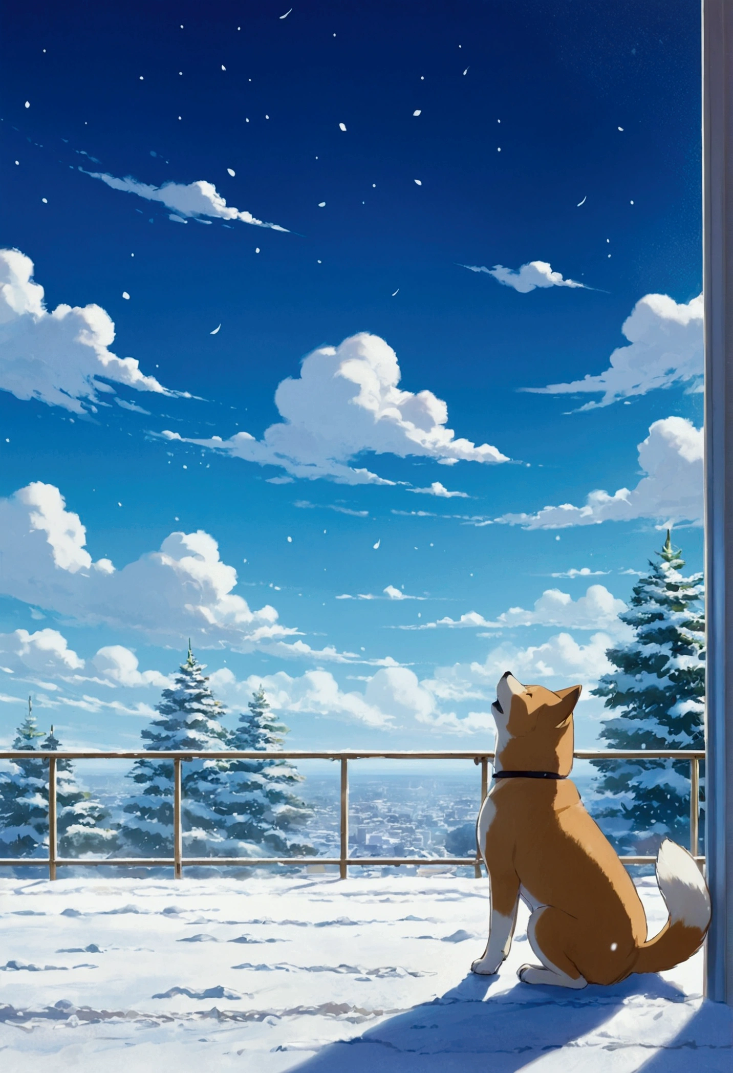 Makoto Shinkai Taste, Beautiful sky, winter,Falling snow, Shiba Inu Puppy, Wide angle、
