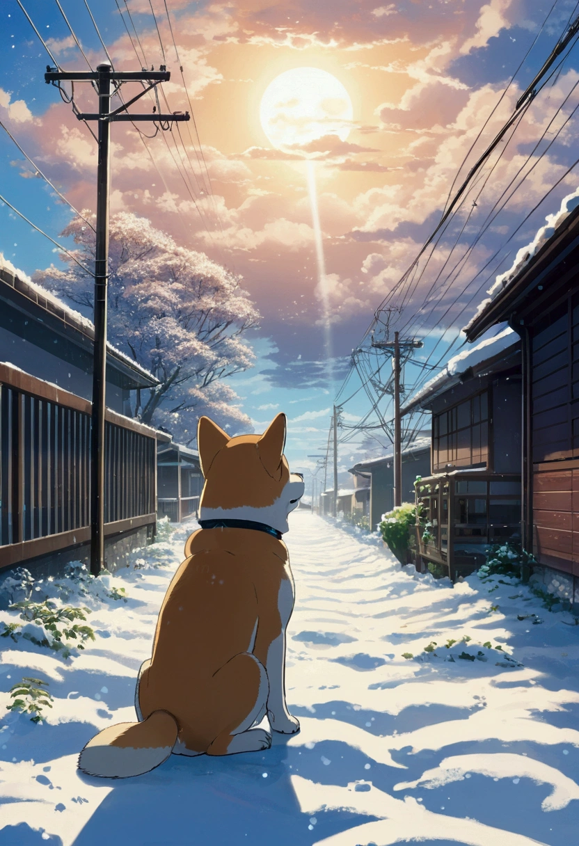 Makoto Shinkai Taste, Beautiful sky, winter,Falling snow, Shiba Inu Puppy, Wide angle、
