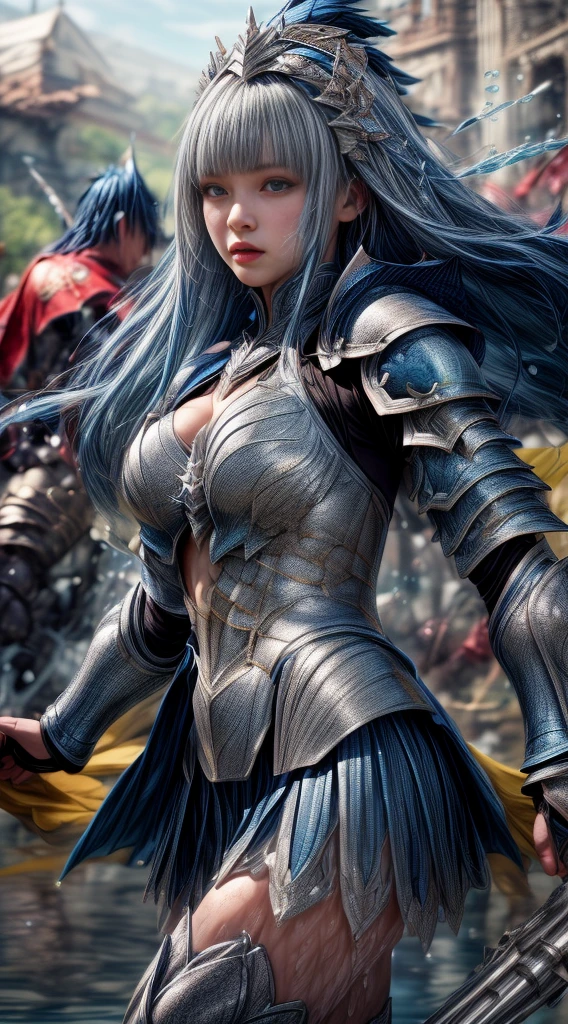 Very beautiful woman、Slender women、(Detailed face)、Realistic Skin、((Water Knight:1.1)), ((Dark blue armor))、((((Dark blue armor with very fine platinum detailing:1.5))))、((Delicate photo))，(Girl Astepeace RAW Photo Details:1.25), (Highest quality:1.6), (Ultra-high resolution:1.5), (Realistic:1.75), 8K resolution, Canon EOS R5, 50mm, Absurd, Super detailed,Cinema Lighting,((Fightfield))、((Fight))、(((White skirt with embellishments)))、Thigh-high socks、Shingard、((Light blue hair))、((Bowl cut hairstyle with bangs))、(Six Pack:1.1)、Cape、Beautiful Armor、(((Has a huge weapon)))、(In combat)、The wind is blowing、((Symmetrical armor))、((((splash:1.1))))、(((Leads a large group of blue knights:1.2)))、banner、(Armor with a dragon motif)、(((Battle Scenes)))、(blue Dragon)、((Browsing Caution:1.1))、(((Use the magic of water:1.2)))