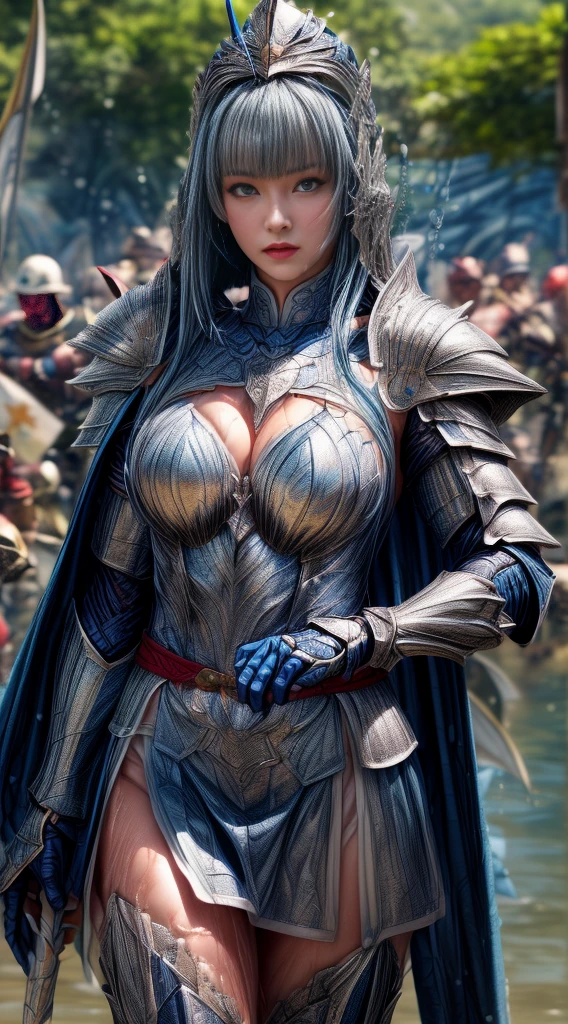 Very beautiful woman、Slender women、(Detailed face)、Realistic Skin、((Water Knight:1.1)), ((Dark blue armor))、((((Dark blue armor with very fine platinum detailing:1.5))))、((Delicate photo))，(Girl Astepeace RAW Photo Details:1.25), (Highest quality:1.6), (Ultra-high resolution:1.5), (Realistic:1.75), 8K resolution, Canon EOS R5, 50mm, Absurd, Super detailed,Cinema Lighting,((Fightfield))、((Fight))、(((White skirt with embellishments)))、Thigh-high socks、Shingard、((Light blue hair))、((Bowl cut hairstyle with bangs))、(Six Pack:1.1)、Cape、Beautiful Armor、(((Has a huge weapon)))、(In combat)、The wind is blowing、((Symmetrical armor))、((((splash:1.1))))、(((Leads a large group of blue knights:1.2)))、banner、(Armor with a dragon motif)、(((Battle Scenes)))、(blue Dragon)、((Browsing Caution:1.1))、(((Use the magic of water:1.2)))