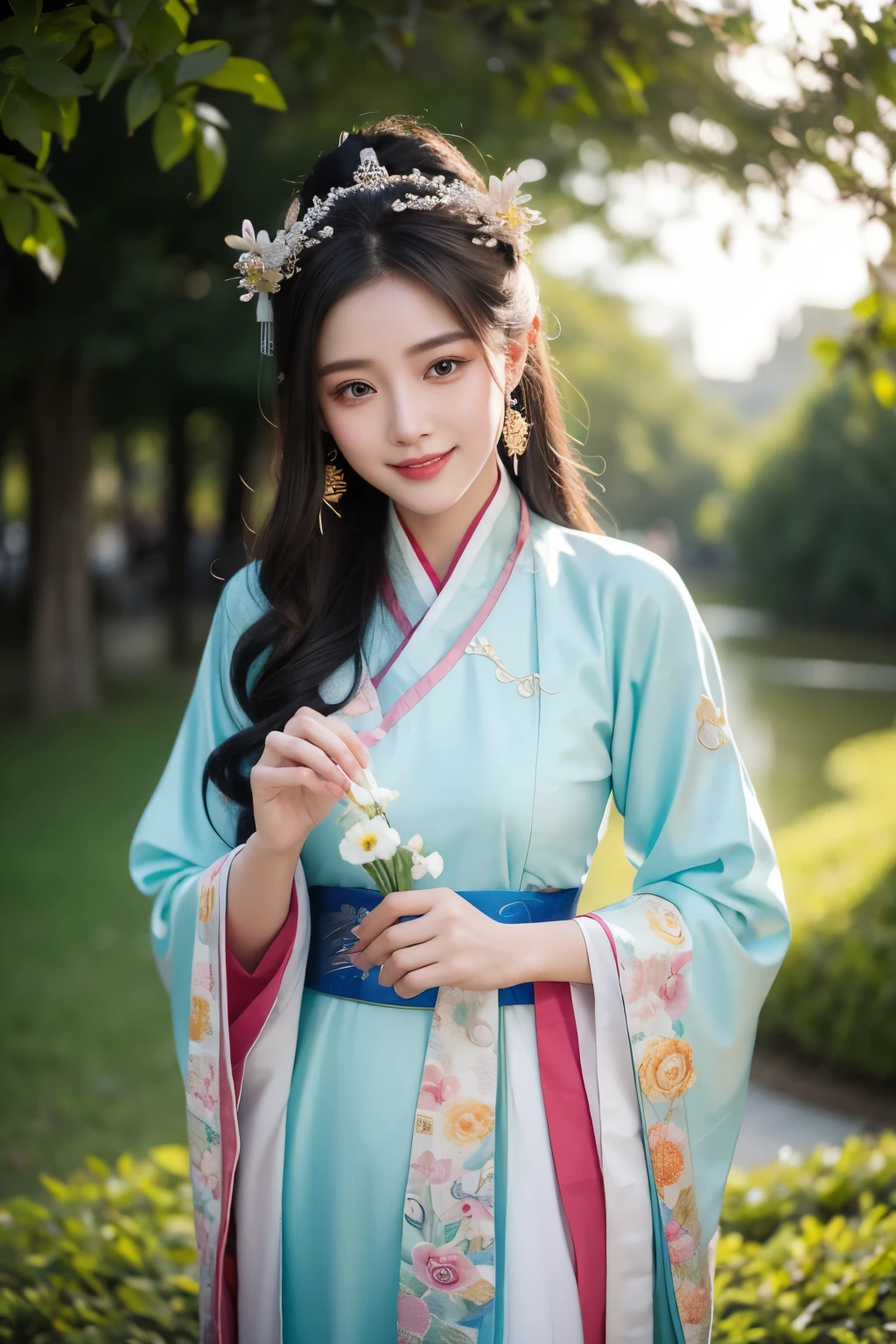 a beautiful woman in a colorful dress with a moon in the background, palace, godness, a girl in hanfu, happy smile, wearing ancient chinese clothes, ethereal beauty, inspired by Qiu Ying, white hanfu, inspired by Lan Ying, a beautiful fantasy empress, lunar goddess, a beautiful fantasy empress, ancient chinese princess, inspired by Luo Mu, masterpiece, UHD, 18K.
