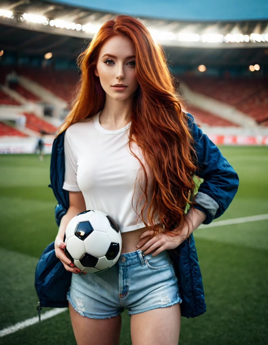 ultra realistic, photography, long red hair, girl, 24 years old, hourglass figure, perfect body, Flirty look, beautiful detailed woman, intricate and detailed face, long lush hair, soft lighting, photorealistic, high quality, cinematic, dramatic, warm color tones, facing the camera, Nikon z fx, lens 35 mm, blur background, at a soccer stadium, she is in tight soccer dress and shorts, she is holding a football in her hands