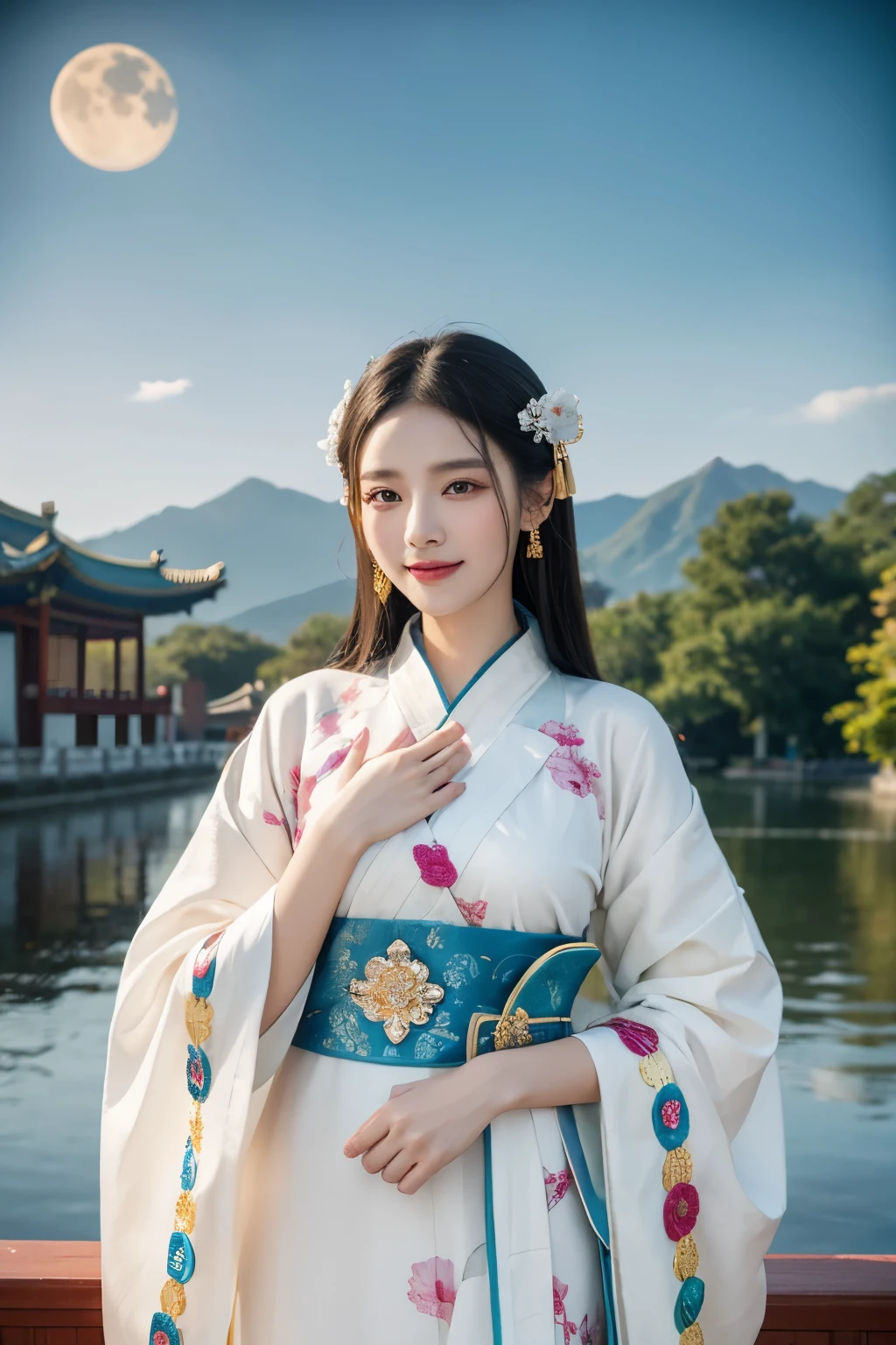 a beautiful woman in a colorful dress with a moon in the background, palace, godness, a girl in hanfu, happy smile, wearing ancient chinese clothes, ethereal beauty, inspired by Qiu Ying, white hanfu, inspired by Lan Ying, a beautiful fantasy empress, lunar goddess, a beautiful fantasy empress, ancient chinese princess, inspired by Luo Mu, masterpiece, UHD, 18K.
