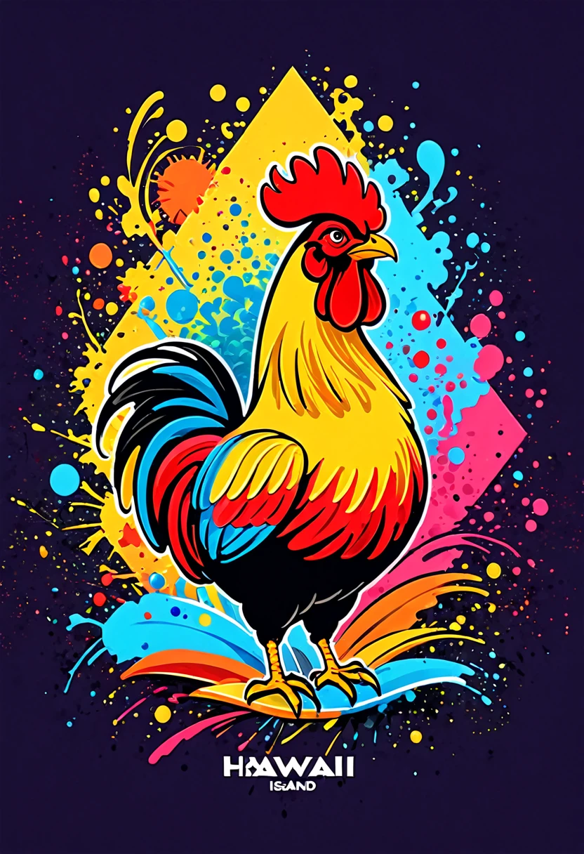 T-shirt designs, with vector art, Colorful illustration with barcelos rooster, city Barcelos located in the north of Porto, municipality of Braga, At the center, swirly vibrant colors,graffiti art,ink spatter,UHD quality, details in 16k, Wild and unbridled,paint splash painting,rich and colorful,visual impact,modern aesthetic,Elegant and simple, t-shirt designs, hawaii island background