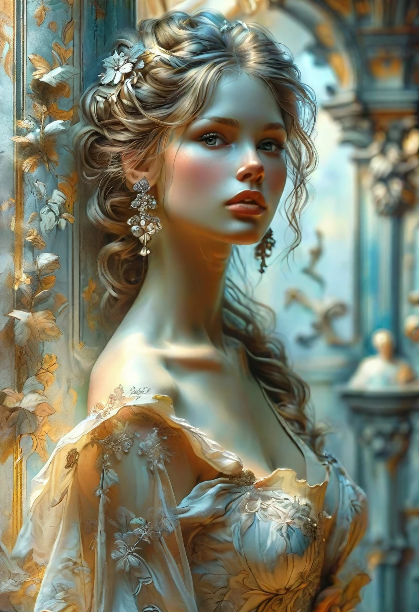full body, grisaille technique, pencil sketch focused charming beautiful
woman as goddess of beauty, with a fair complexion, long hair in the style of Art Boris Vallejo, Alphonse Mucha, baroque background, elegant fantasy, intricate cinematic lighting, attractive award winning, fantastic view, ultra detailed crisp quality, 8k