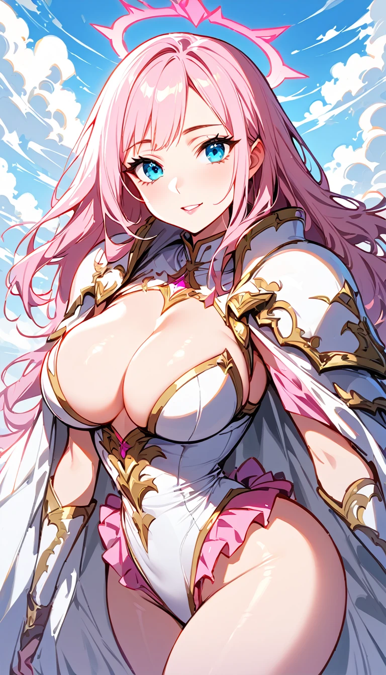 (high quality, 8k, 4K, high contrast, artwork:1.2, high quality, best aesthetics), (centered), ((1 woman)), erotic, sensual, mature body, super detailed, beautiful face detailed, beautiful eyes detailed, detailed beautiful mouth, sexy body, perfect breats, perfect wide thighs, (light pink hair, long light pink hair, wavy light pink hair), (blue eyes), (white medieval armor with pink details), (pink ruffed skirt), (shoulder pads), (cleavage on breasts), (medium breasts), (long white cape), (coxas expostas), (pink angel halo), (calm expression), (standing), (looking at the viewer), (above the clouds), (clear blue sky), (front view)