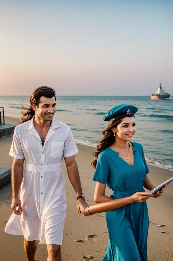 Present time merchant ship captain with his normal wife with charm dress in evening at port or beach seeing at sea