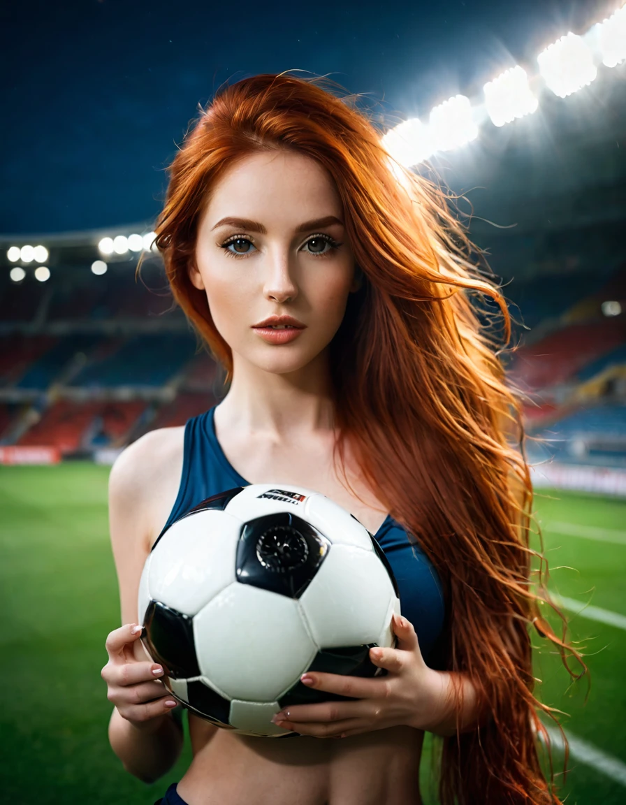 ultra realistic, photography, long red hair, girl, 24 years old, hourglass figure, perfect body, Flirty look, beautiful detailed woman, intricate and detailed face, long lush hair, soft lighting, photorealistic, high quality, cinematic, dramatic, warm color tones, facing the camera, Nikon z fx, lens 35 mm, blur background, at a soccer stadium, she is in tight soccer jersey and shorts, she is holding a football in her hands