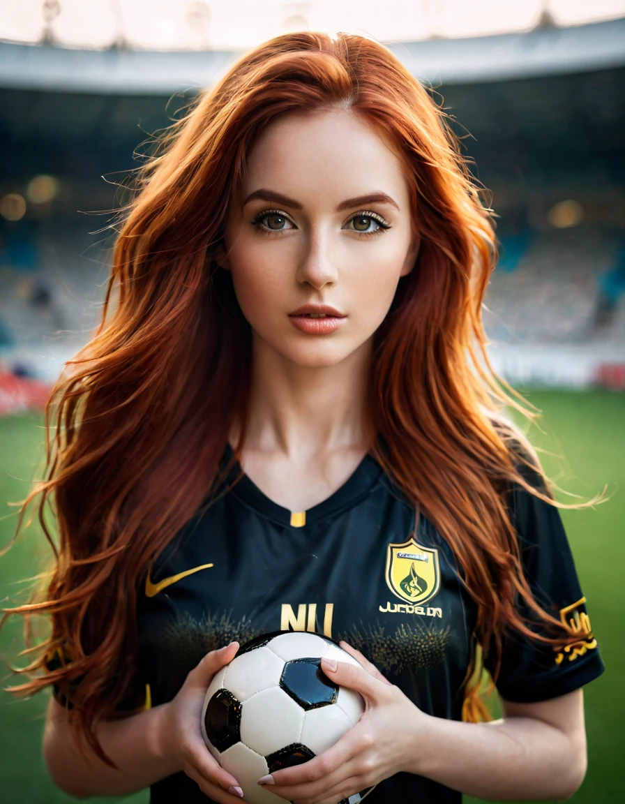 ultra realistic, photography, long red hair, girl, 24 years old, hourglass figure, perfect body, Flirty look, beautiful detailed woman, intricate and detailed face, long lush hair, soft lighting, photorealistic, high quality, cinematic, dramatic, warm color tones, facing the camera, Nikon z fx, lens 35 mm, blur background, at a soccer stadium, she is in tight soccer jersey and shorts, she is holding a football in her hands