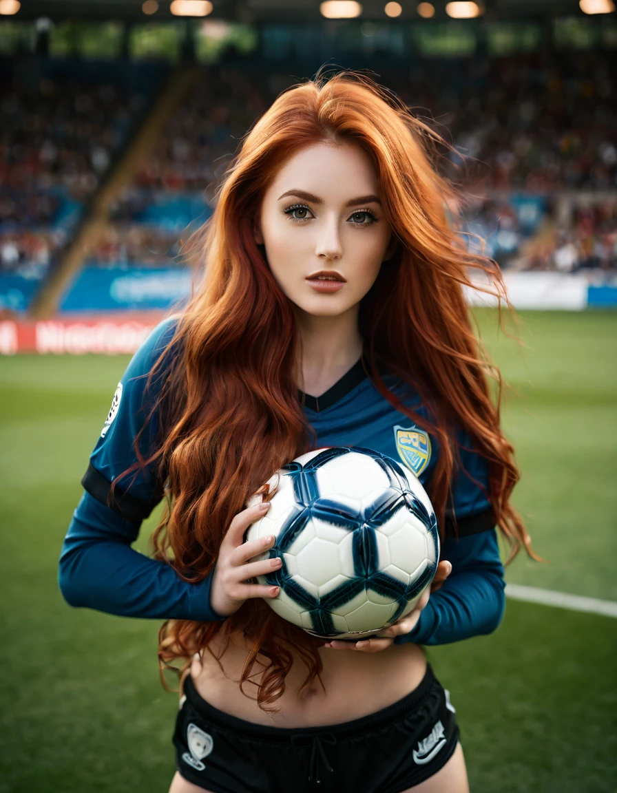 ultra realistic, photography, long red hair, girl, 24 years old, hourglass figure, perfect body, Flirty look, beautiful detailed woman, intricate and detailed face, long lush hair, soft lighting, photorealistic, high quality, cinematic, dramatic, warm color tones, facing the camera, Nikon z fx, lens 35 mm, blur background, at a soccer stadium, she is in tight soccer jersey and shorts, she is holding a football in her hands