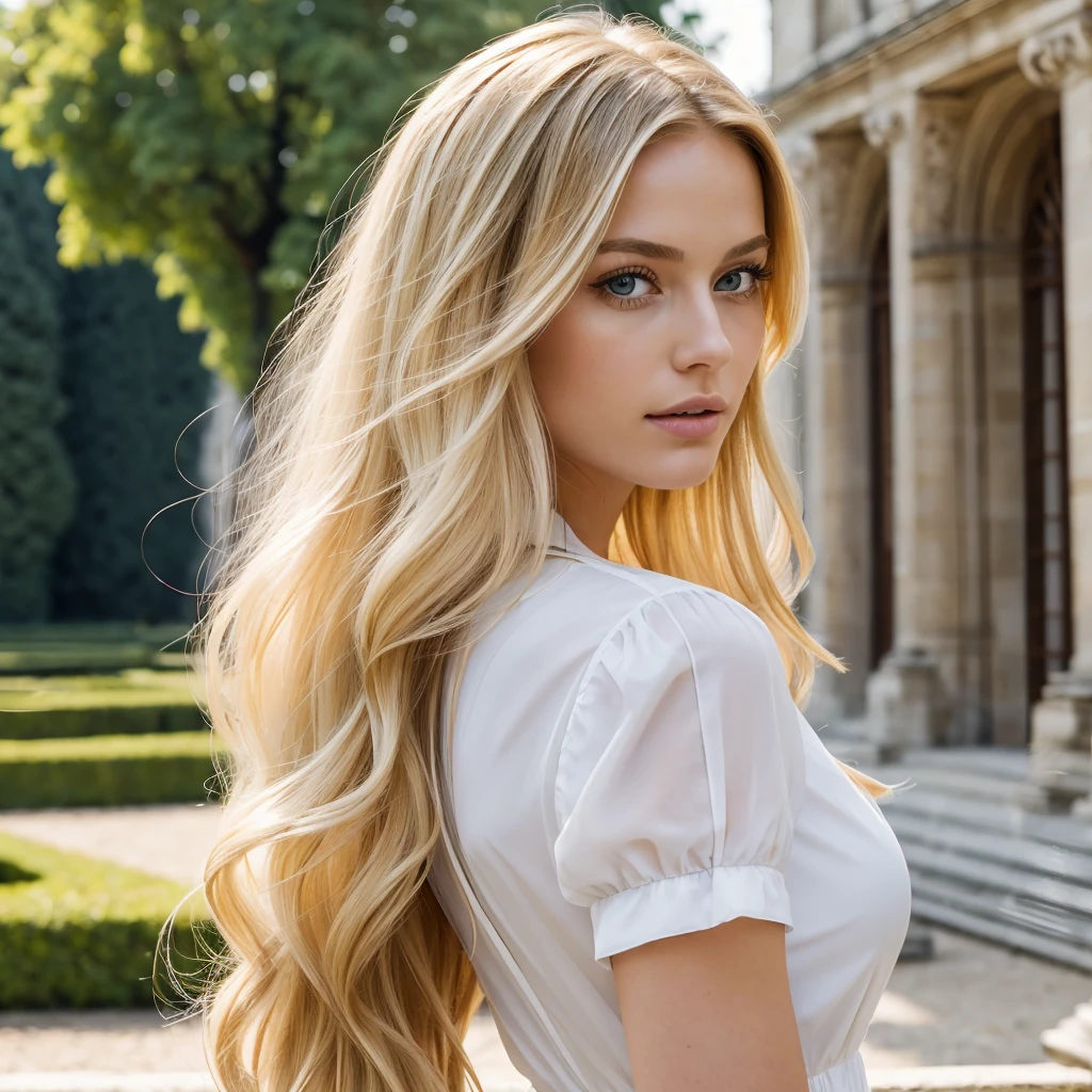 ((best quality)), ((masterpiece)), (detailed), 1woman, very long blonde hair, wearing summer dress, at Versailles castle, Paris, France, with 1man, tall, muscular, dark short hair, wearing white shirt 